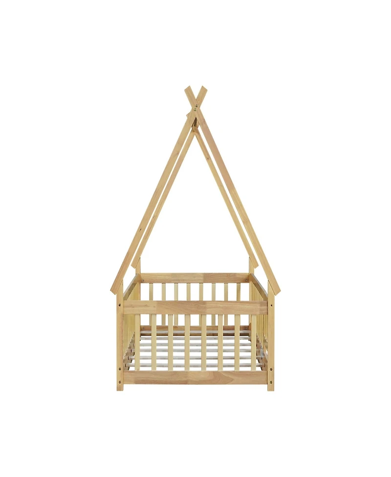 Clihome Twin Tent-shaped Floor Bed,Teepee Bed with Guardrails,Slats and Door