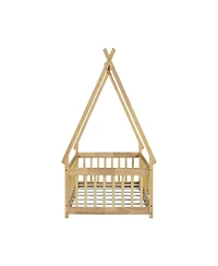 Clihome Twin Tent-shaped Floor Bed,Teepee Bed with Guardrails,Slats and Door