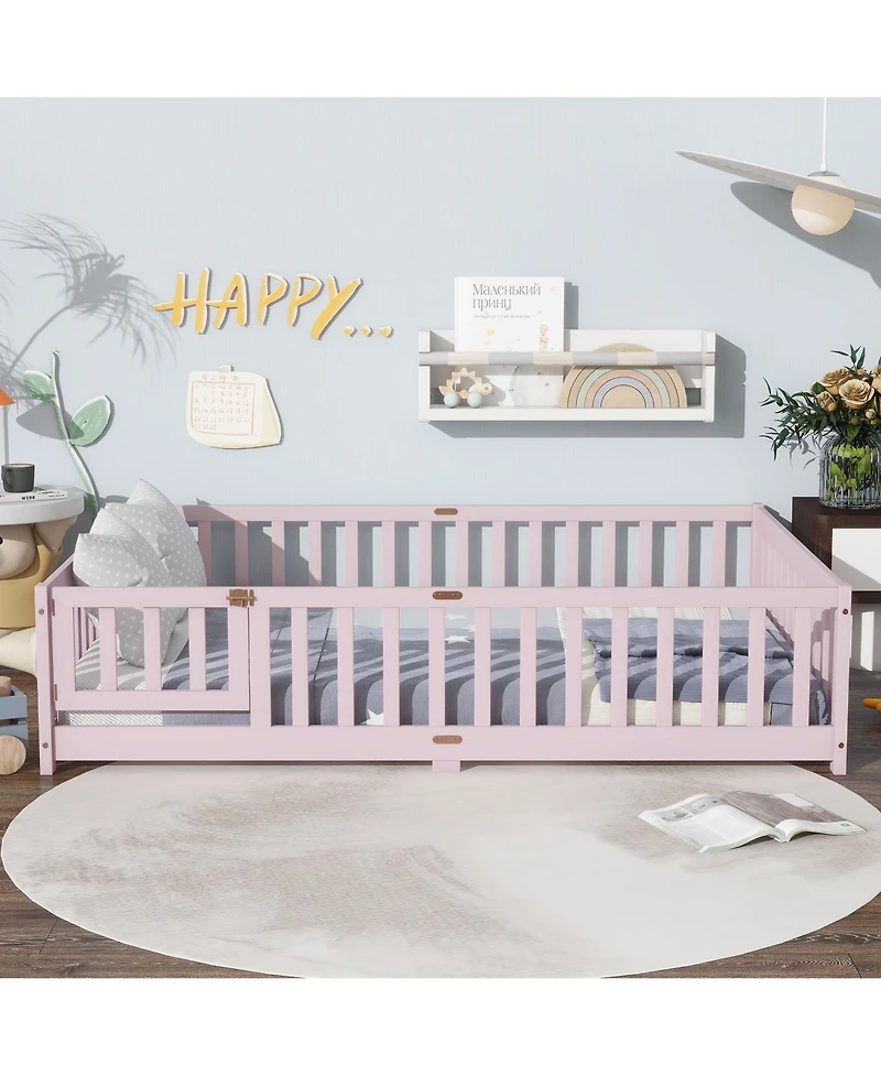 Clihome Full Floor Bed with Fence and Door,Rubber Wood Safety Guardrails