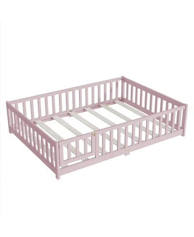 Clihome Full Floor Bed with Fence and Door,Rubber Wood Safety Guardrails