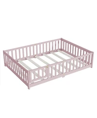 Clihome Full Floor Bed with Fence and Door,Rubber Wood Safety Guardrails
