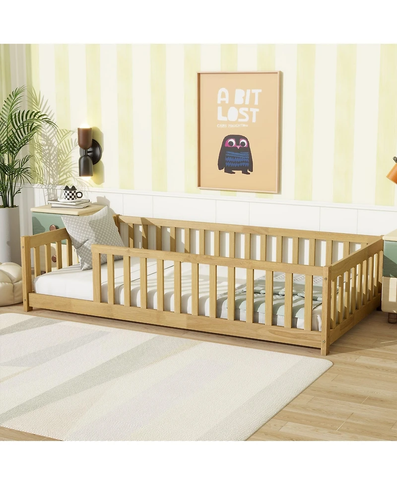 Clihome Twin Size Floor Bed with Fence without Door, Rubber Wood Floor Bed with Safety Guardrails