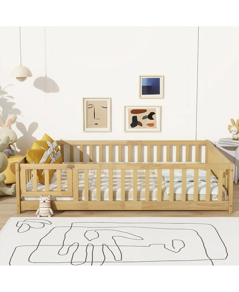 Clihome Full Size Floor Bed with Fence and Door,Rubber Wood Floor Bed with Safety Guardrails