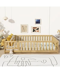 Clihome Full Size Floor Bed with Fence and Door,Rubber Wood Floor Bed with Safety Guardrails