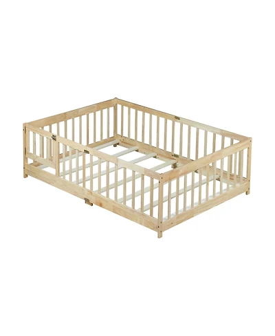 Clihome Full Floor Bed with Fence and Door,Rubber Wood Safety Guardrails
