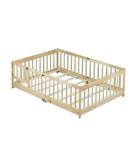Clihome Full Floor Bed with Fence and Door,Rubber Wood Safety Guardrails
