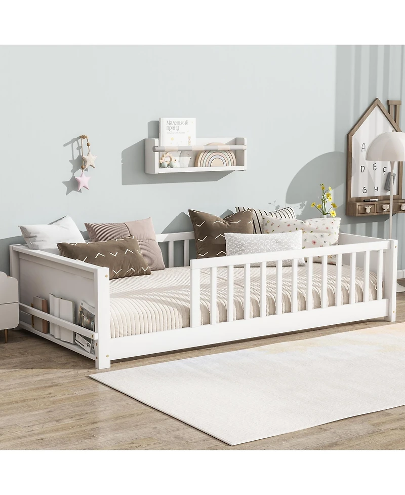 Clihome Twin Floor Platform Bed with Built-in Book Rack