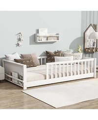 Clihome Twin Floor Platform Bed with Built-in Book Rack