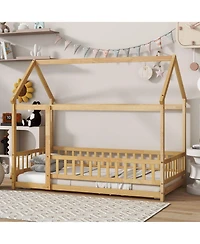 Clihome Twin Size House Floor Wooden Bed with Roof Frame,Safety Guardrails