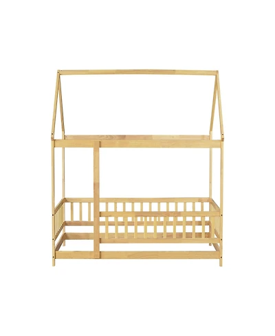 Clihome Twin Size House Floor Wooden Bed with Roof Frame,Safety Guardrails