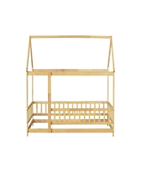 Clihome Twin Size House Floor Wooden Bed with Roof Frame,Safety Guardrails