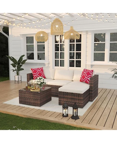 gaomon 5-Piece Patio Furniture Set with Glass Table & Cushioned Rattan Chairs, Perfect for Porch, Balcony, Backyard, Garden