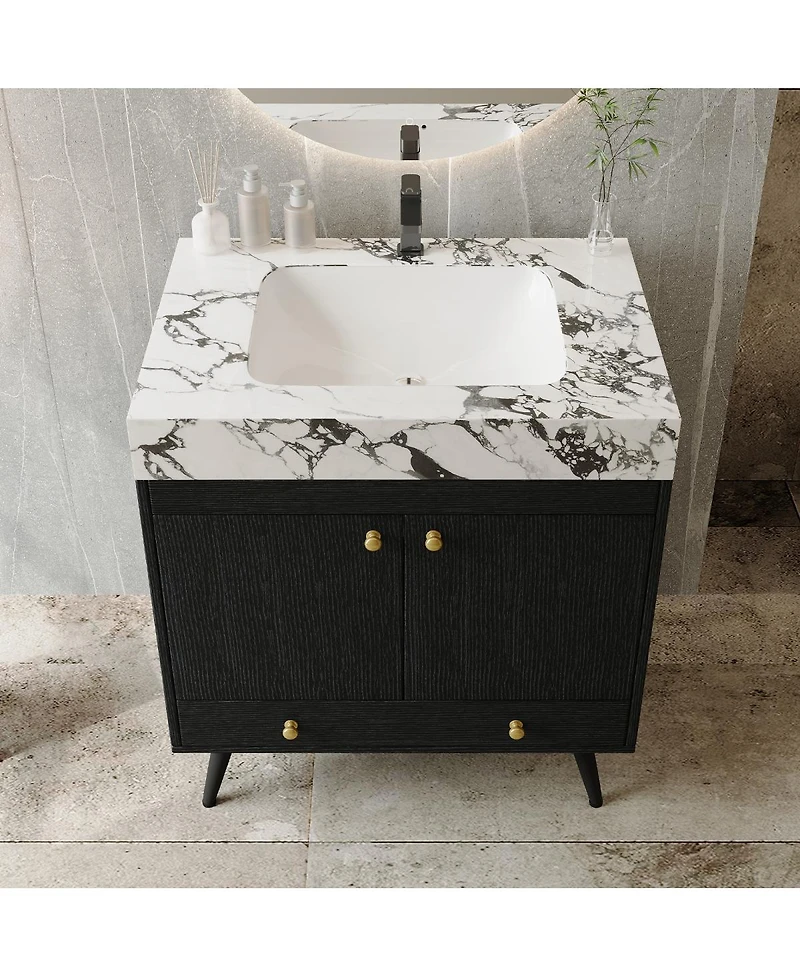 Sillysis 30" Freestanding Bathroom Vanity with Walnut Faux Marble Top, Ceramic Sink, Soft Close Storage for Small Bathrooms