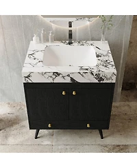 Sillysis 30" Freestanding Bathroom Vanity with Walnut Faux Marble Top, Ceramic Sink, Soft Close Storage for Small Bathrooms