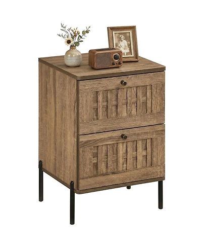 Gymax Nightstand w/2 Woven Storage Drawers Metal Support Legsfor BedroomRustic Oak