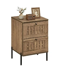 Gymax Nightstand w/2 Woven Storage Drawers Metal Support Legsfor BedroomRustic Oak
