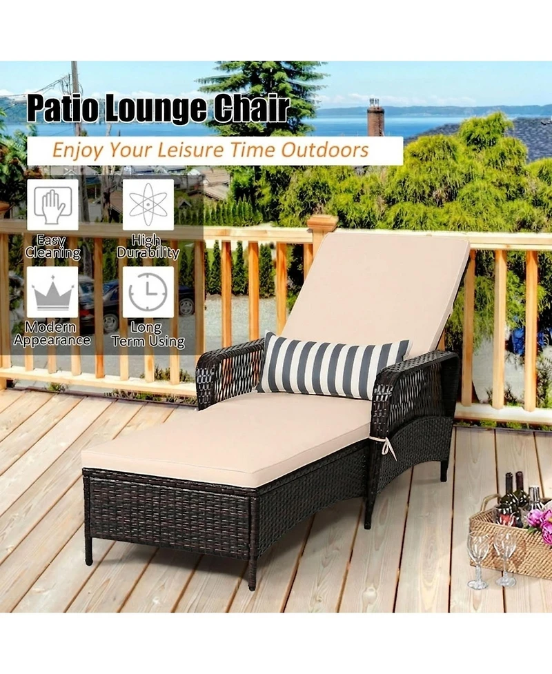 Gouun Patio Wicker Chaise Lounge with 6-Position Backrest and Lumbar Pillow