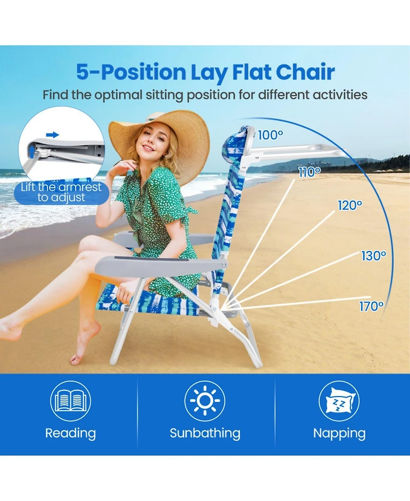 Gouun Folding Beach Lounge Chair Set of 2 with Padded Headrest, 5-Position