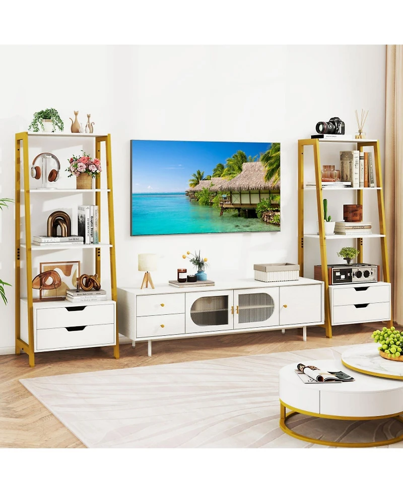 Gouun 4-Tier Ladder Shelf with 2 Drawers and Metal Frame