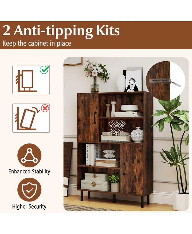 Gouun 47-Inch Storage Cabinet Bookcase with 2 Doors and Open Shelves