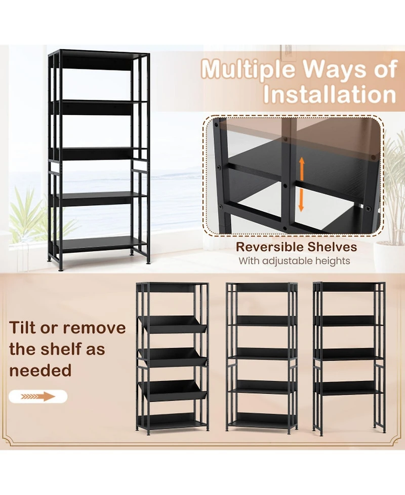 Gouun 5-Tier Bookshelf with Adjustable and Tiltable Shelves