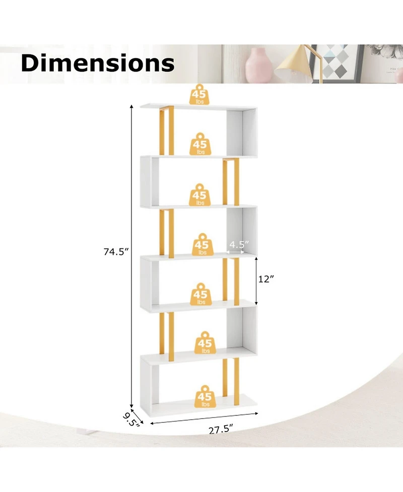Gouun 6-Tier Geometric S-Shaped Bookcase with Metal Frame