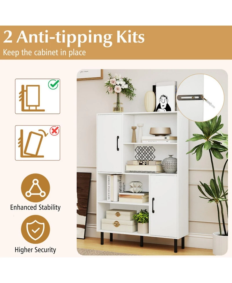 Gouun 47-Inch Storage Cabinet Bookcase with 2 Doors and 4 Open Shelves