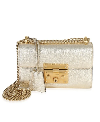 Pre-Owned Gucci Gold Metallic Crinkled Leather Small Padlock Chain Bag