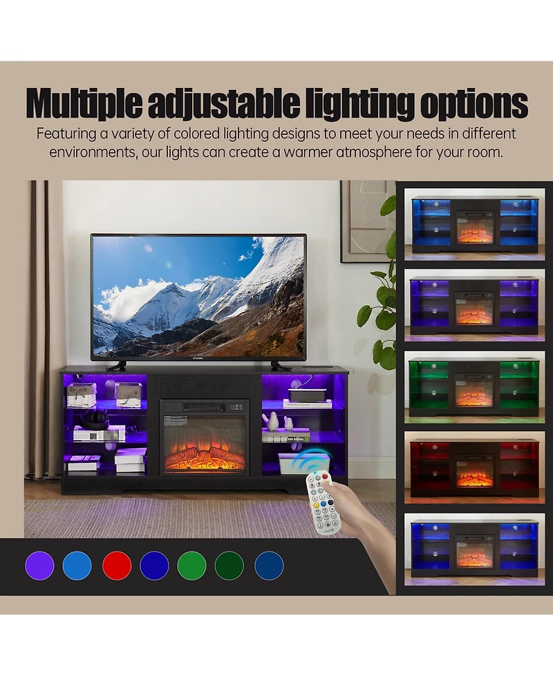 Rainsken 58" Electric Fireplace Tv Stand, Led Media Console for 32-62 Inch TVs with Usb Charging Port, Modern Entertainment Center for Living Roo