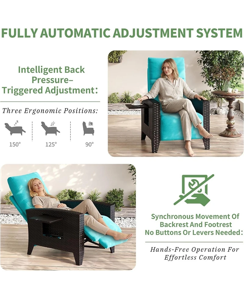 gaomon Outdoor Wicker Recliner with Adjustable Backrest and Footrest, Flip-Up Table