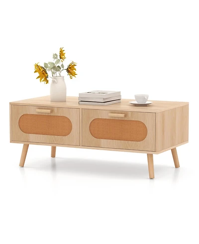 Slickblue Rattan Coffee Table Mid Century Modern with Storage