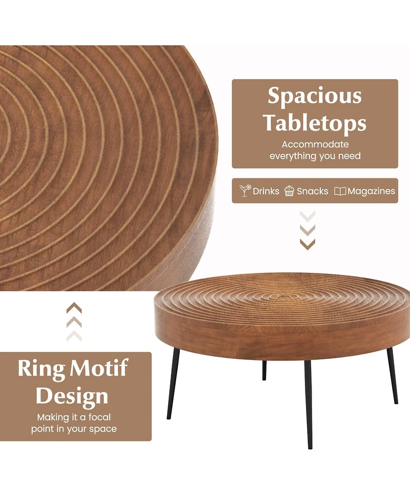 Slickblue Set of 2 Solid Wood Farmhouse Round Coffee Tables Ring Design