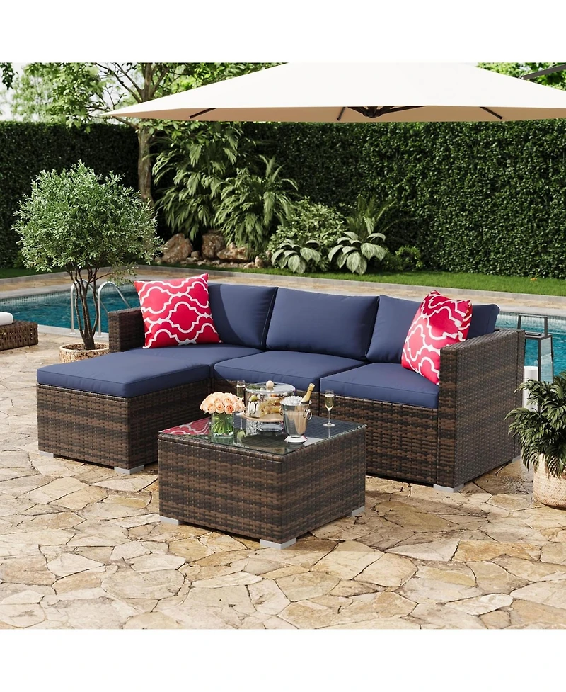 gaomon 5-Piece All-Weather Wicker Patio Sectional Sofa Set with Ottoman and Glass Table