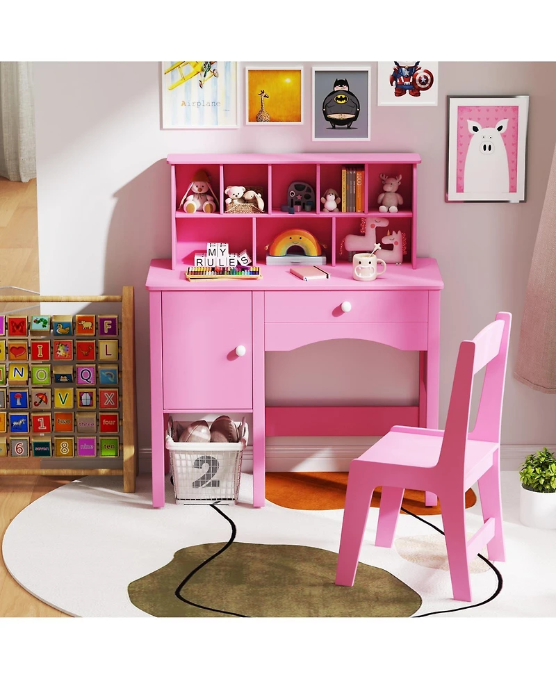 Sugift Kids Study Desk and Chair Set with Hutch and Storage Cabinet