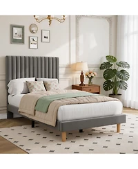 Homfan Velvet Bed Frame, Vertical Channel Tufted Headboard, Height Adjustable