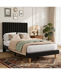 Homfan Velvet Bed Frame, Vertical Channel Tufted Headboard, Height Adjustable, Upholstered Platform
