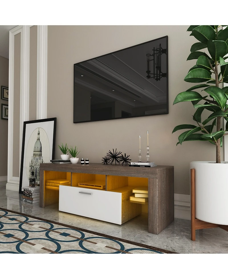 Rainsken Modern Tv Stand with Led Light, Media Console Entertainment Center for 50 Inch Tv with Toughened Glass Shelf for Living Room