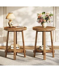 Tribesigns Solid Wood Side Table Set of 2, Small Round End Table with 2-Tier Storage, Farmhouse Wooden Circle Bedside Nightstand