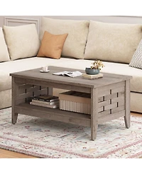 Farmhouse 2-Tier Coffee Table with Open Shelf and Woven Decor for Living Room