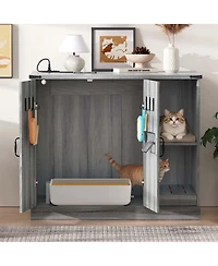 Aostirmotor Modern Cat Litter Box Cabinet with Power Outlet, Hidden Enclosure for Large Automatic Boxes, Catcher, Storage