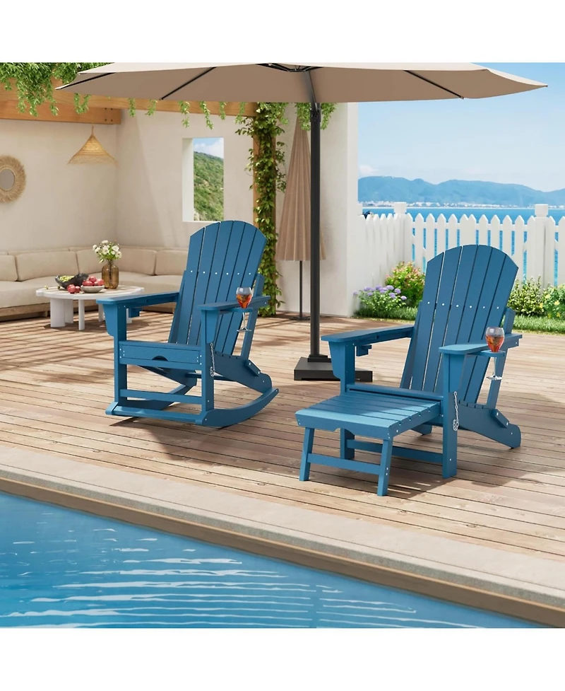 gaomon Folding Adirondack Rocking Chair with Retractable Ottoman and Cup Holders, Hdpe All-Weather Outdoor Chair for Porch