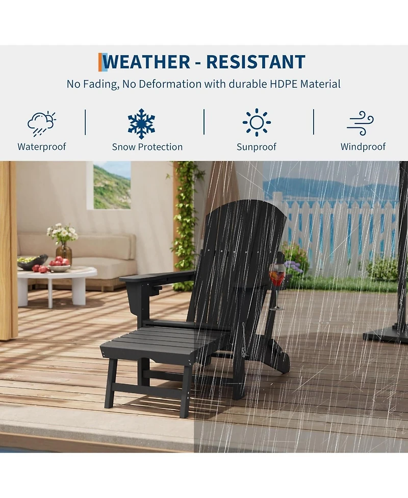 gaomon Folding Adirondack Rocking Chair with Retractable Ottoman and Cup Holders, Hdpe All-Weather Outdoor Chair for Porch