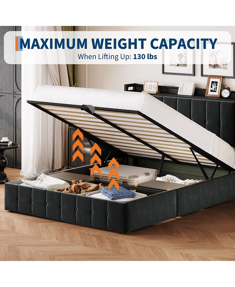 Homfan Lift Up Bed Frame, Upholstered Bed with Button Tufted Wingback Storage Headboard, Hydraulic Storage, No Box Spring Needed