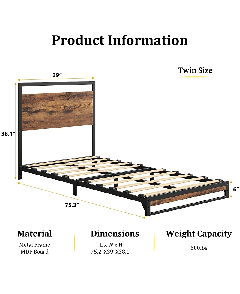 Homfan Metal Platform Bed Frame with Wooden Headboard and Footboard, Mattress Foundation