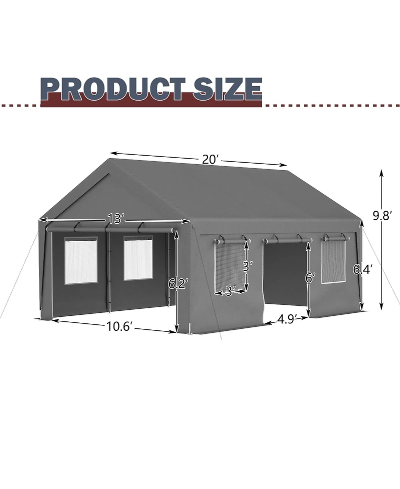 Mondawe 13x20 Ft Canopy Carport Tent with Roll-Up Doors Waterproof Outdoor Shelter