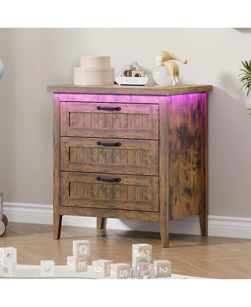 gaomon Farmhouse Drawer Dresser with Charging Station and Led Lights