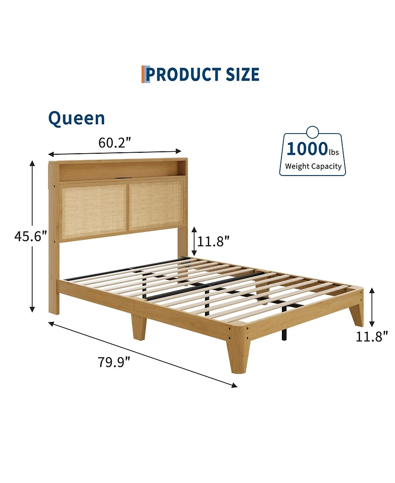 Homfan Bed Frame with Rattan Headboard ,Bohemian Bed Frame with Led Lights and Charging Station