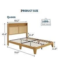 Homfan Bed Frame with Rattan Headboard ,Bohemian Bed Frame with Led Lights and Charging Station