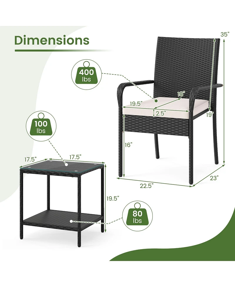 Sugift 3 Piece Patio Furniture Set with Cushions and Glass Table