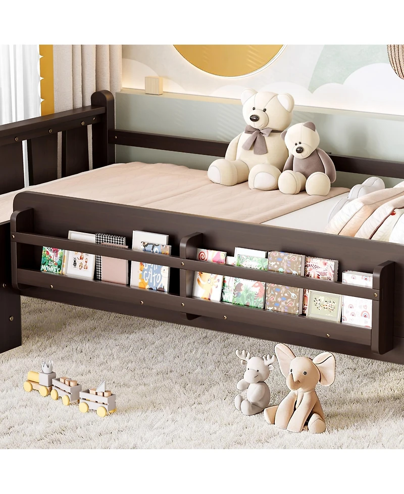 Rainsken Twin Size Floor Bed with Stairs and Bookcase, Solid Wood Low Profile Bed Frame with Guardrails, Kids Bed for Boys Girls, 350 Lbs Capacity